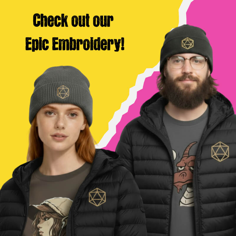 Two models wear embroidered hats and jackets with geometric designs, posed against a yellow and pink split background.
