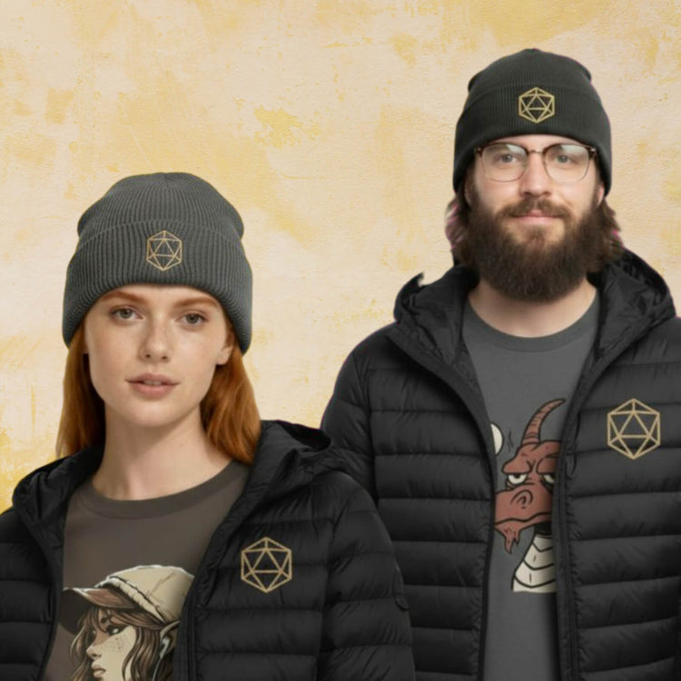 Two models wear embroidered hats and jackets with geometric designs, posed against a yellow and pink split background.