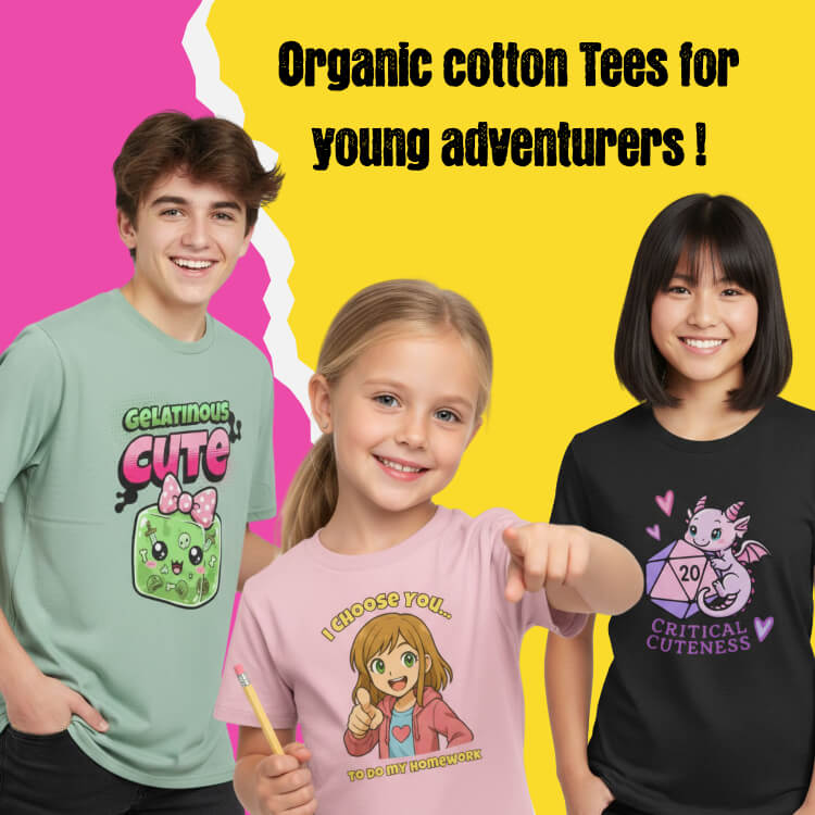 Three kids wearing D&D / TTRPG themed t-shirts. Text: Organic cotton Tees for young adventurers!