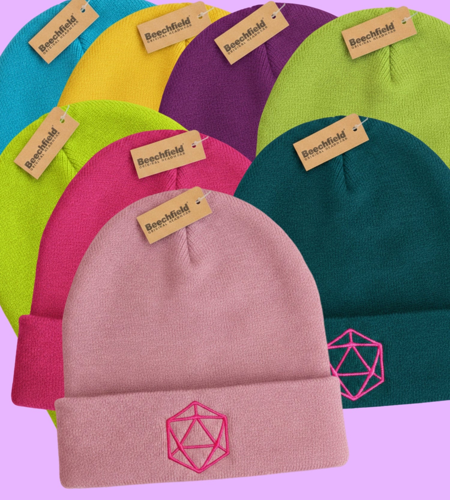 A collection of embroidered hats in vivid colours.