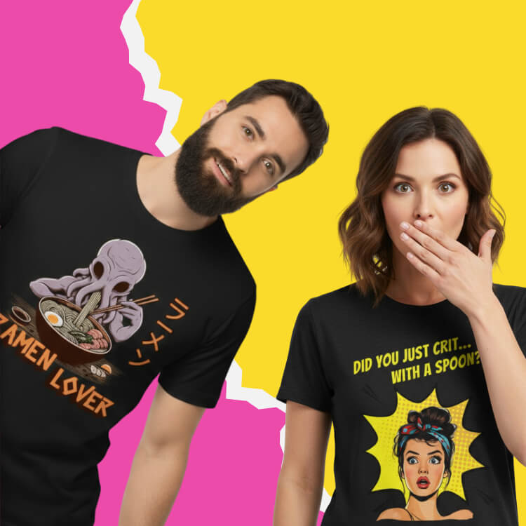 Man and a woman wearing funny D&D / TTRPG themed t-shirts