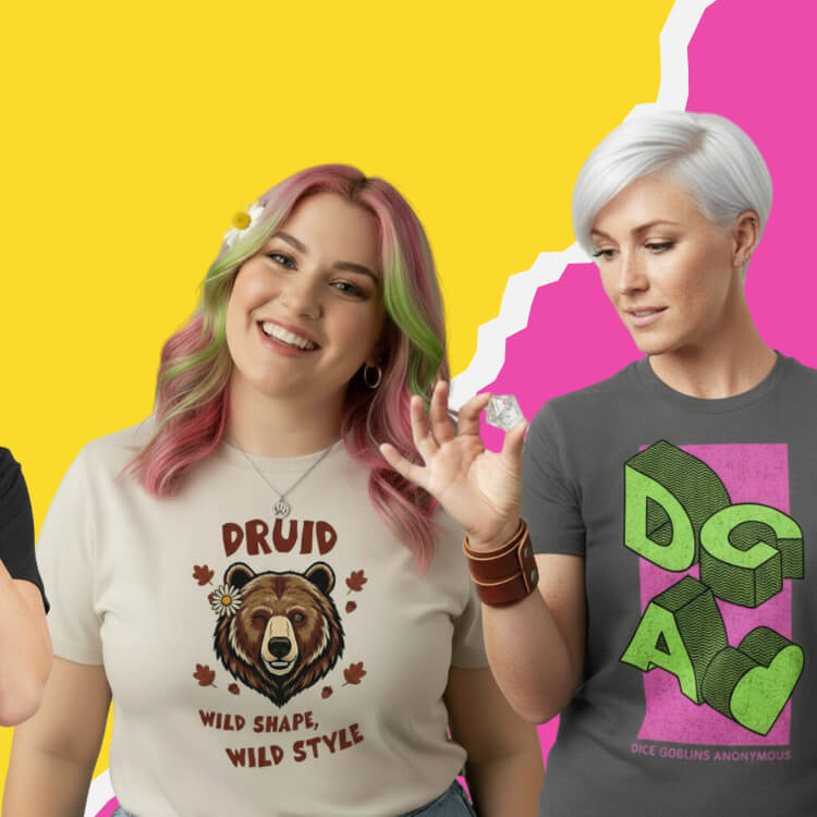 two women wearing funny D&D / TTRPG themed t-shirts. Druid t-shirt and dice goblin t-shirt.